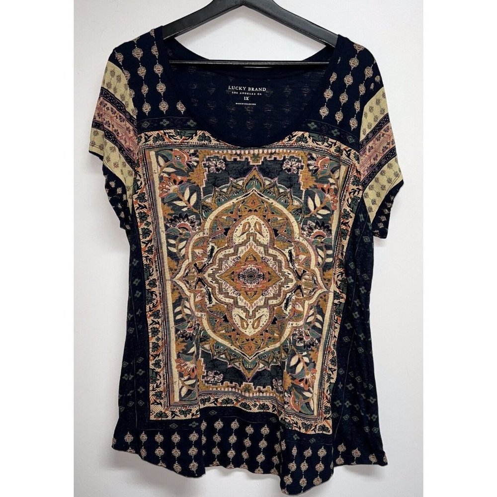 Lucky Brand Womens Short Sleeve Top Plus 1X Navy Blue Boho Paisley Tee Shirt